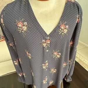 LOFT Floral V-Neck Blouse - Gray Blouse XL